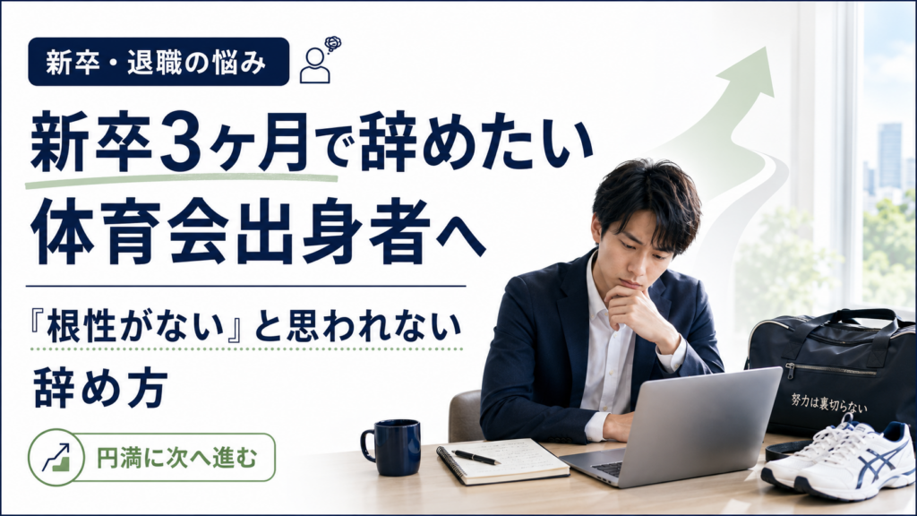 新卒3ヶ月で辞めたい体育会出身者に向けた退職と転職の考え方を解説する記事のアイキャッチ