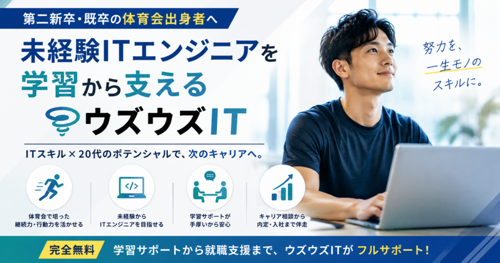 第二新卒・既卒の体育会出身者向けにウズウズITの特徴を解説する記事のアイキャッチ