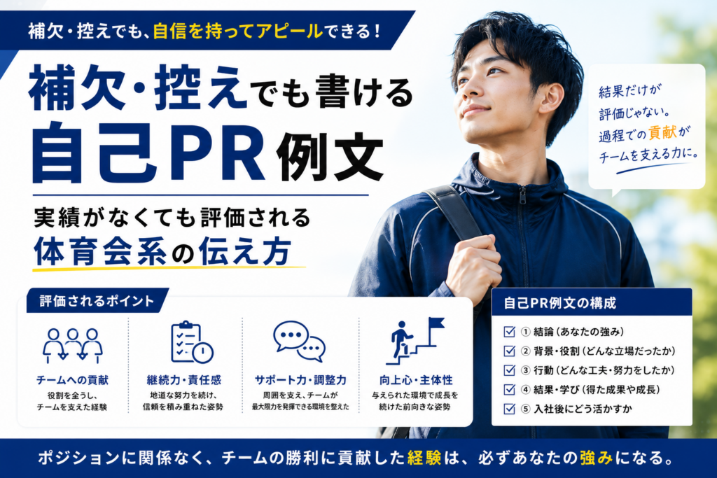 補欠・控え経験を活かした自己PRの書き方と例文を解説する記事のアイキャッチ